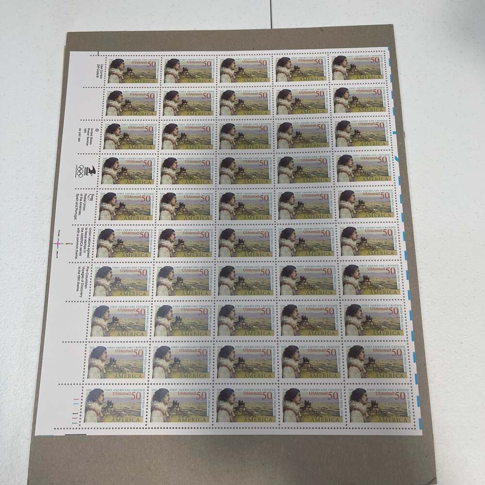 Vintage 1991 USPS First Americans Crossed From Asia 50‎ Cent Stamps - Full Sheet